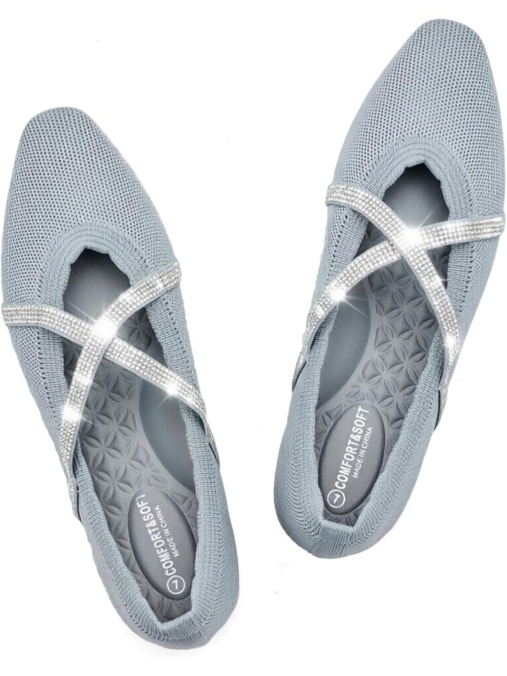 Women's Grey Fabric Square Toe Ballet Flat With Cross Straps Washable Knit Shoes